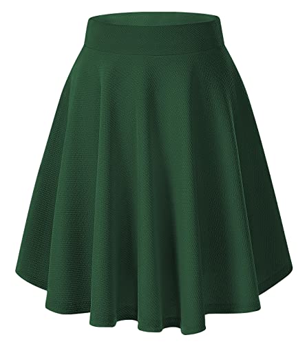 Damen Elegante Elastische Taille Ausgestellte A-Linie Midi Rock Basic Uniform Plissee Skater Röcke(M, Dunkelgrün) von EXCHIC