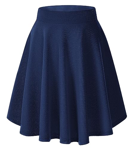 Damen Elegante Elastische Taille Ausgestellte A-Linie Midi Rock Basic Uniform Plissee Skater Röcke(M, Navy Blau) von EXCHIC