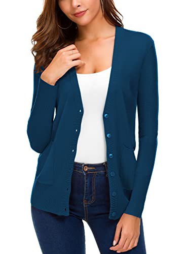 Damen Front Cardigan Button Down Strickpullover Mantel mit Taschen - Blau - Klein von EXCHIC