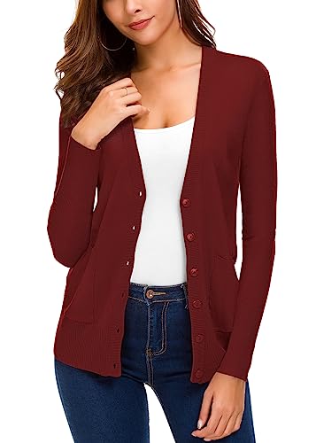 Damen Front Cardigan Button Down Strickpullover Mantel mit Taschen - Rot - Klein von EXCHIC