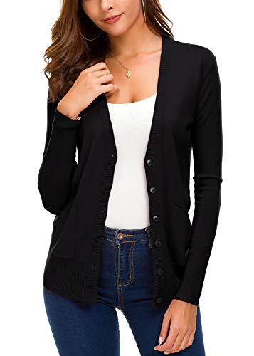 Damen Front Cardigan Button Down Strickpullover Mantel mit Taschen - Schwarz - Mittel von EXCHIC