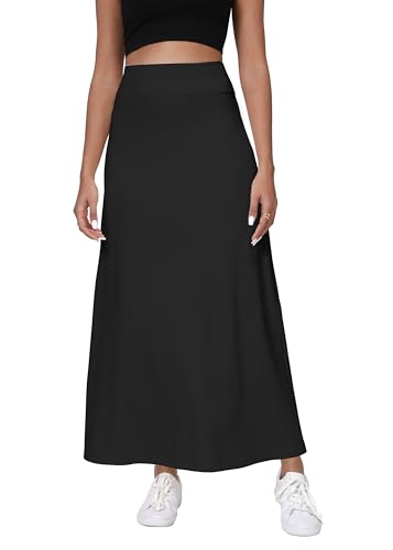 Damen Komfort Dickem A-Linie Hoch Taillie Maxi Rock Elastisch Taillebund Dehnbarem Strick Lang Röcke(L, Schwarz) von EXCHIC