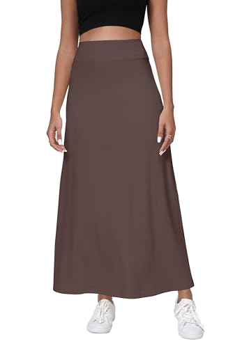 Damen Komfort Dickem A-Linie Hoch Taillie Maxi Rock Elastisch Taillebund Dehnbarem Strick Lang Röcke(M, Kaffee) von EXCHIC