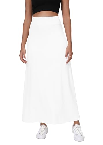 Damen Komfort Dickem A-Linie Hoch Taillie Maxi Rock Elastisch Taillebund Dehnbarem Strick Lang Röcke(M, Weiß) von EXCHIC
