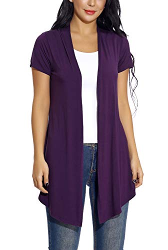 Damen Open Front Drape Cardigan Kurze Ärmel Solide Leichte Strickjacke, Dunkles Violett, XX-Large von EXCHIC