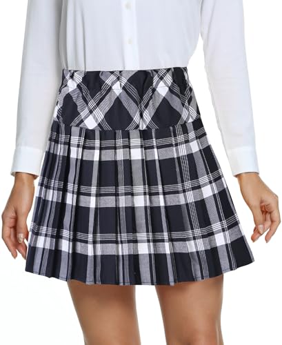 Damen Schule Stil Elastische High Taille Faltenrock A-Linie Kariert Tennis Mini Röcke mit Kurze Hosen(XXL, 1-Weiß) von EXCHIC