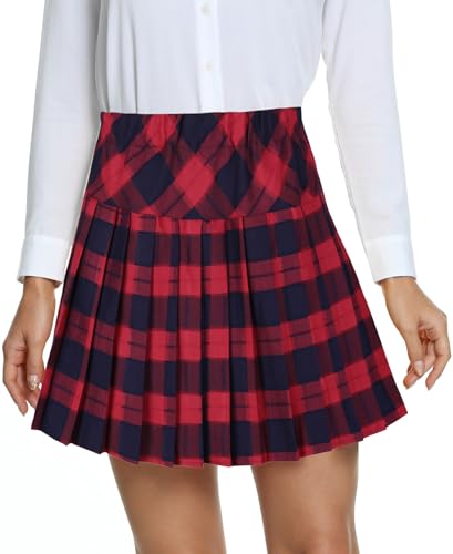 Damen Schule Stil Elastische High Taille Faltenrock A-Linie Kariert Tennis Mini Röcke mit Kurze Hosen(XXL, 5-Rot) von EXCHIC