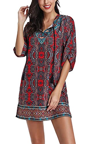 Damen Bohemian-Print V-Ausschnitt Casual Kleid Ethno-Stil Sommer Tunika Top - - X-Groß von EXCHIC