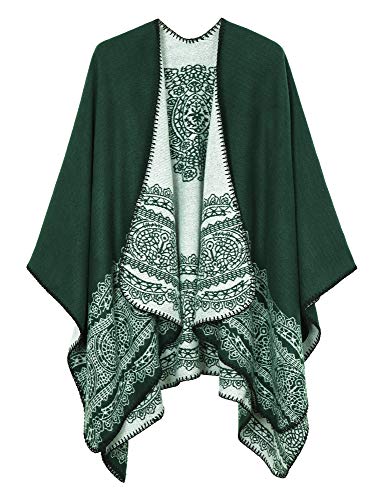 Damen Warme Schals Wraps Offene Front Cardigan Vintage Muster Poncho Cape Pullover Mantel, 1 Grün, Einheitsgröße von EXCHIC