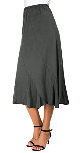 Damen Wildleder Stoff Elastische Taille Einfarbig A-Linie Midi Rock (L, Dunkelgrau) von EXCHIC