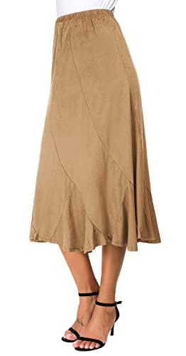 Damen Wildleder Stoff Elastische Taille Einfarbig A-Linie Midi Rock (L, Khaki) von EXCHIC