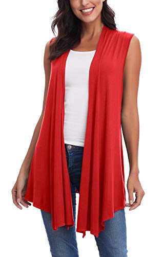 EXCHIC Damen ärmellose asymmetrische Strickjacke Weste solide offene Vorderseite drapiert, rot, 46 von EXCHIC
