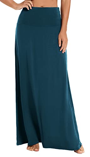 EXCHIC Damen Bohemian Style Print/Solid Elastische Taille Langer Maxirock, Stahlblau, Groß von EXCHIC