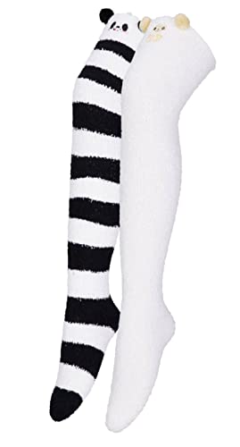 EXCHIC Damen 3D niedliche Cartoon Kniestrümpfe Plüsch Winter Casual verdicken gestreifte Socken (2 Packs-A) von EXCHIC