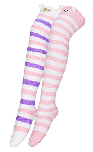 EXCHIC Damen 3D niedliche Cartoon Kniestrümpfe Plüsch Winter Casual verdicken gestreifte Socken (2 Packs-E) von EXCHIC