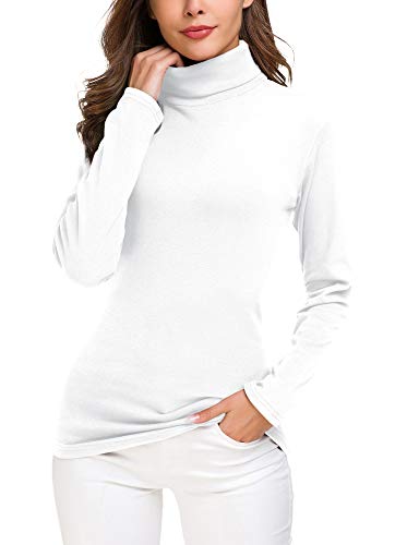 EXCHIC Damen Casual Tailliert Rollkragen Pullover Solide Langarm Elastisch Sweatshirts (M, Weiß) von EXCHIC