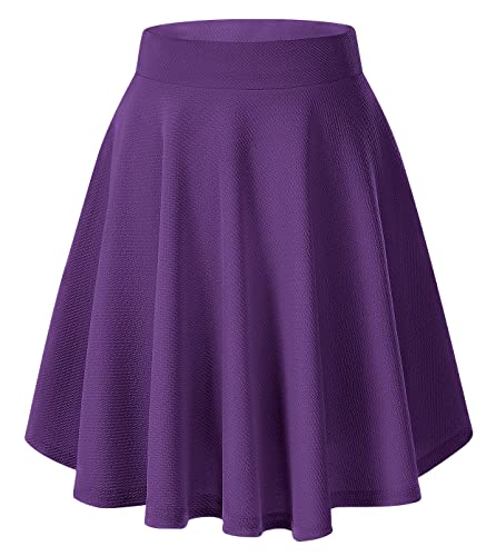 Damen Elegante Elastische Taille Ausgestellte A-Linie Midi Rock Basic Uniform Plissee Skater Röcke(XL, Dunkelviolett) von EXCHIC