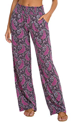 EXCHIC Damen Boho Gerade Beine Elastische Taille Palazzo Hose Freizeit Leichtes Yoga Loungehose mit Taschen(L, Series 2#8) von EXCHIC