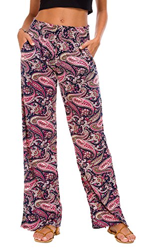 Damen Boho Gerade Beine Elastische Taille Palazzo Hose Freizeit Leichtes Yoga Loungehose mit Taschen(XL, Series 2#6) von EXCHIC