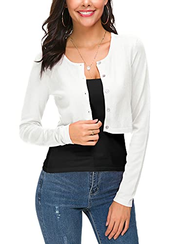 EXCHIC Damen Lässig Langarm Bolero Short Cardigan Button Down Rundhals Gestrickte Shrug Strickjacke (L, Weiß) von EXCHIC