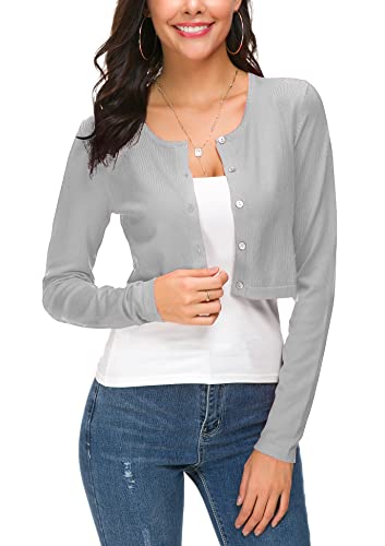 EXCHIC Damen Elegant Langarm Bolero Strickjacke mit Knöpfe Rundhals Festlich Gestrickte Shrug Kurz Cardigan für Kleider (M, Licht Grau) von EXCHIC
