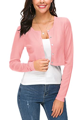 EXCHIC Damen Lässig Langarm Bolero Short Cardigan Button Down Rundhals Gestrickte Shrug Strickjacke (M, Rosa) von EXCHIC