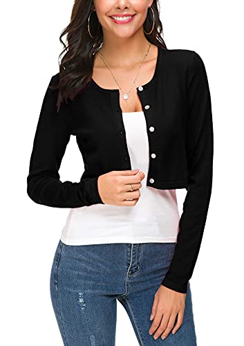 EXCHIC Damen Elegant Langarm Bolero Strickjacke mit Knöpfe Rundhals Festlich Gestrickte Shrug Kurz Cardigan für Kleider (S, Schwarz) von EXCHIC