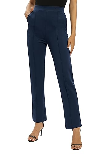 EXCHIC Damen Büro Gerades Bein Arbeits Hosen Freizeithosen Elastische Taille Hosen mit Taschen(L, Navy Blau) von EXCHIC