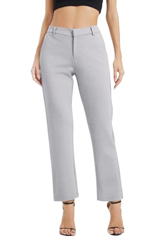 EXCHIC Damen Business Gerade Bein Elastischer Bund Anzug Hosen Casual Komfortabel Bootcut Freizeithose mit Taschen(L, Hellgrau) von EXCHIC