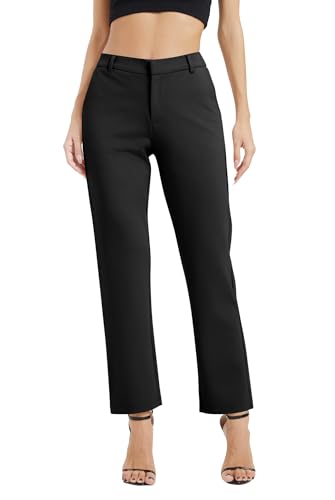 EXCHIC Damen Business Gerade Bein Elastischer Bund Anzug Hosen Casual Komfortabel Bootcut Freizeithose mit Taschen(S, Schwarz) von EXCHIC