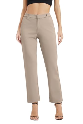 EXCHIC Damen Business Gerade Bein Elastischer Bund Anzug Hosen Casual Komfortabel Bootcut Freizeithose mit Taschen(XL, Leichter Kaffee) von EXCHIC