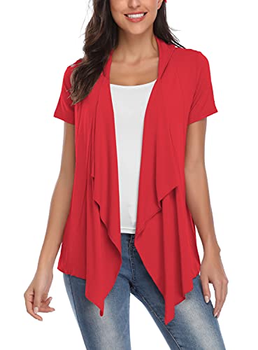 EXCHIC Damen Cardigan mit offener Vorderseite Unregelmäßiger Saum Kurzarm-Outfits (2XL, Rot) von EXCHIC