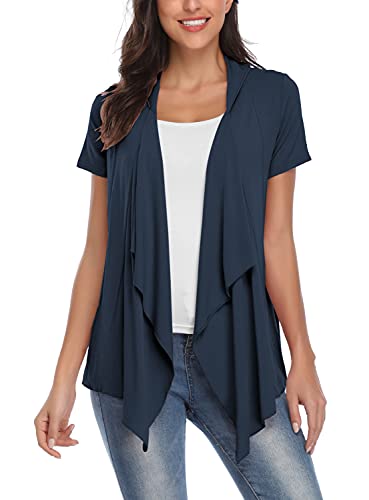 EXCHIC Damen Cardigan mit offener Vorderseite Unregelmäßiger Saum Kurzarm-Outfits (L, Navy blau) von EXCHIC