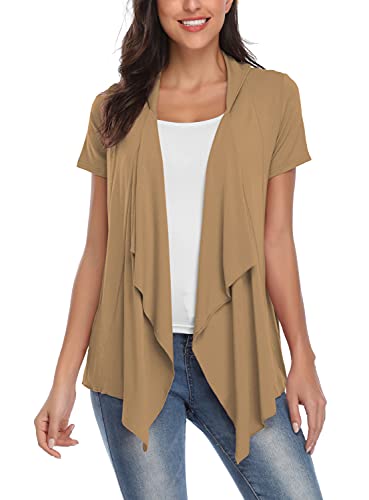 EXCHIC Damen Cardigan mit offener Vorderseite Unregelmäßiger Saum Kurzarm-Outfits (M, Kamel) von EXCHIC