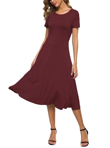 EXCHIC Damen Casual Rundhals A-Linie Kurzarm Midi Kleid Sommer Stretchy Knie Langes Freizeitkleider(L, Weinrot) von EXCHIC
