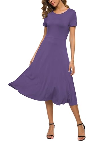 EXCHIC Damen Casual Rundhals A-Linie Kurzarm Midi Kleid Sommer Stretchy Knie Langes Freizeitkleider(S, Hellviolett) von EXCHIC