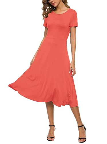 EXCHIC Damen Casual Rundhals A-Linie Kurzarm Midi Kleid Sommer Stretchy Knie Langes Freizeitkleider(XXL, Korallenrot) von EXCHIC
