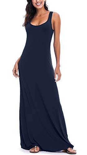 EXCHIC Damen Sommer Leichte Ärmellos Strand Maxi Kleid Elegant Elastisch Tunika Lang Kleider (L, Marine Blau) von EXCHIC