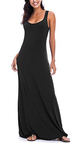 EXCHIC Damen Casual Solide Ärmellos Maxi Kleid Sommer Sexy Strand Tank Top Kleider (L, Schwarz) von EXCHIC