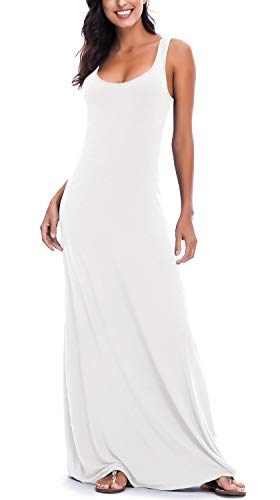 EXCHIC Damen Sommer Leichte Ärmellos Strand Maxi Kleid Elegant Elastisch Tunika Lang Kleider (M, Weiß) von EXCHIC