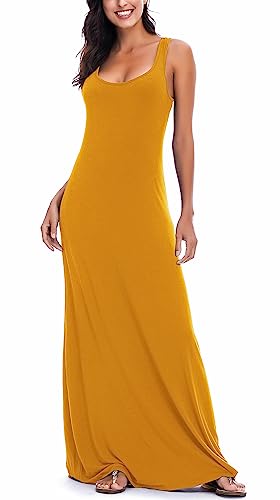 EXCHIC Damen Sommer Leichte Ärmellos Strand Maxi Kleid Elegant Elastisch Tunika Lang Kleider (M, Gelb) von EXCHIC