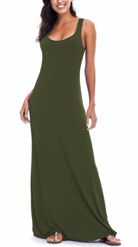 EXCHIC Damen Sommer Leichte Ärmellos Strand Maxi Kleid Elegant Elastisch Tunika Lang Kleider (M, Olive) von EXCHIC