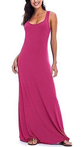 EXCHIC Damen Sommer Leichte Ärmellos Strand Maxi Kleid Elegant Elastisch Tunika Lang Kleider (M, Rosa) von EXCHIC