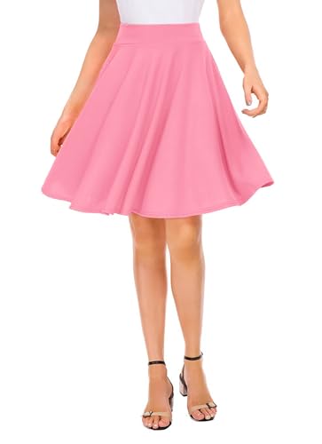 EXCHIC Damen Casual Stretch Ausgestellt Mini Skater Rock Basic A-Linie Plissee Midi Rock, Pink, Mittel von EXCHIC