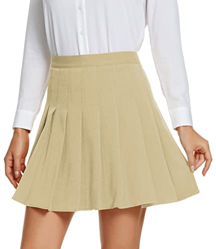 EXCHIC Damen College Schule Falten Tennis Röcke Lässig Hohe Taille Skater Mini Rock mit Sicherheit Kurz Unterhosen (Beige, M) von EXCHIC