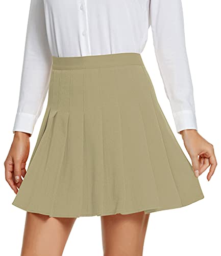 EXCHIC Damen College Schule Falten Tennis Röcke Lässig Hohe Taille Skater Mini Rock mit Sicherheit Kurz Unterhosen (Khaki, L) von EXCHIC