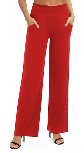 EXCHIC Damen Einfarbig Lose Gerade Geschnitten Palazzo Hose Hohe Taille Dehnbar Lounge Hose mit Taschen(L, Rot) von EXCHIC