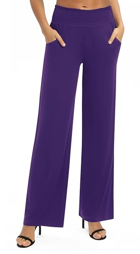 EXCHIC Damen Einfarbig Lose Gerade Geschnitten Palazzo Hose Hohe Taille Dehnbar Lounge Hose mit Taschen(L, Violett) von EXCHIC