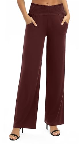 EXCHIC Damen Einfarbig Lose Gerade Geschnitten Palazzo Hose Hohe Taille Dehnbar Lounge Hose mit Taschen(M, Weinrot) von EXCHIC