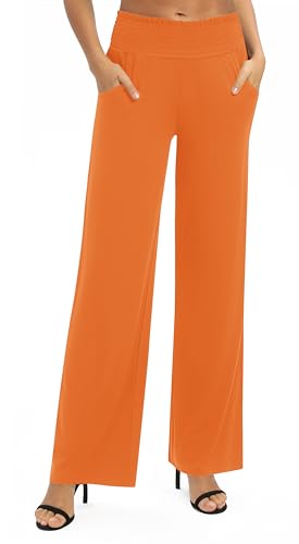 EXCHIC Damen Leichtgewicht Elastisch Hohe Taille Hose Casual Weite Bein Dehnbar Lounge Hosen mit Taschen (S, Orange) von EXCHIC
